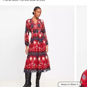 Floral Bow Tiered Midi Dress - Red